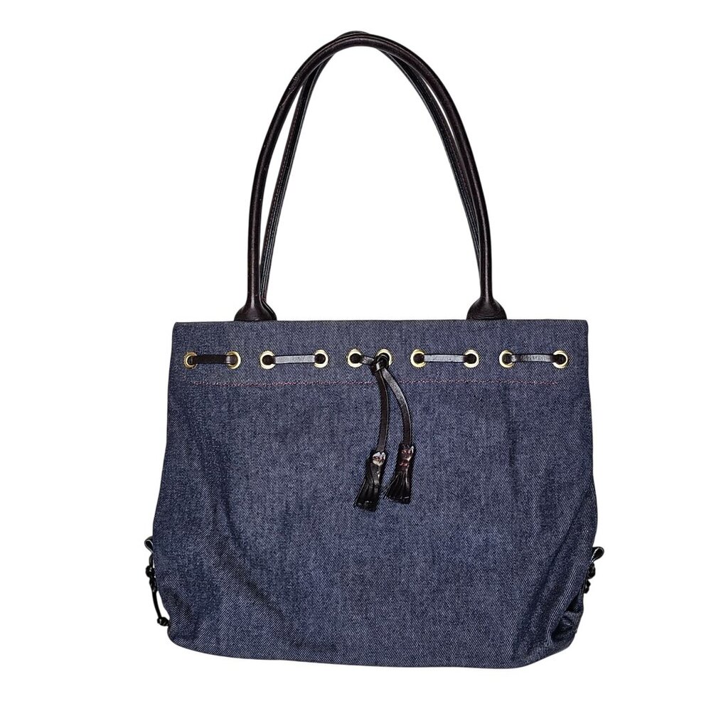Vintage Dooney & Bourke Denim Tote Leather Trim Double Handles Eyelet